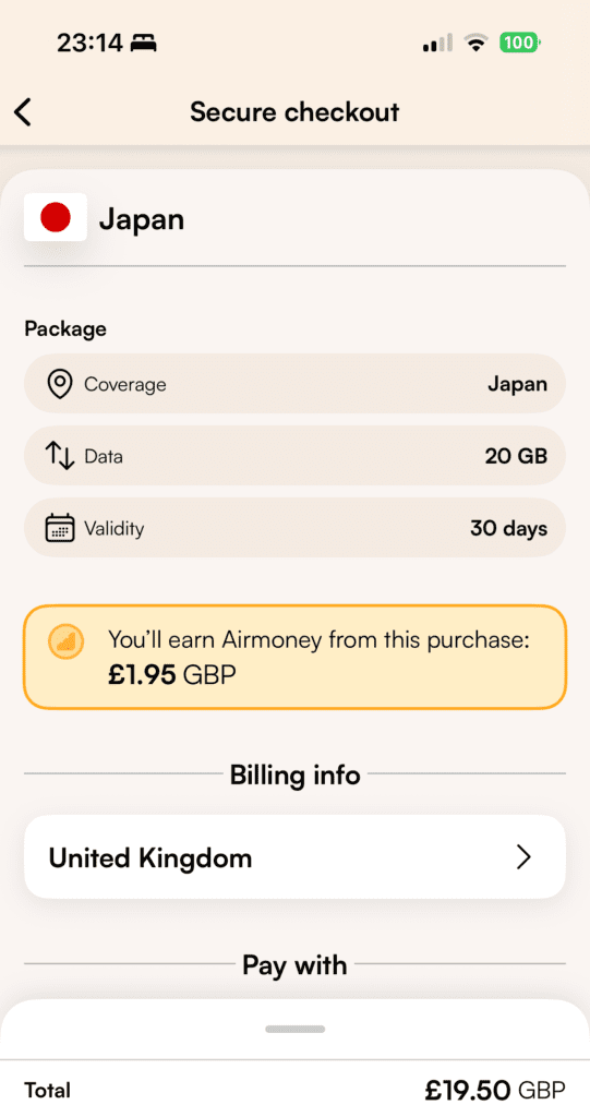 Airalo app checkout screen showing a 20GB eSIM data plan for Japan valid for 30 days, priced at £19.50