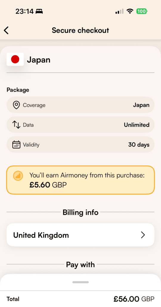 Airalo app checkout screen showing an unlimited data eSIM plan for Japan valid for 30 days, priced at £56