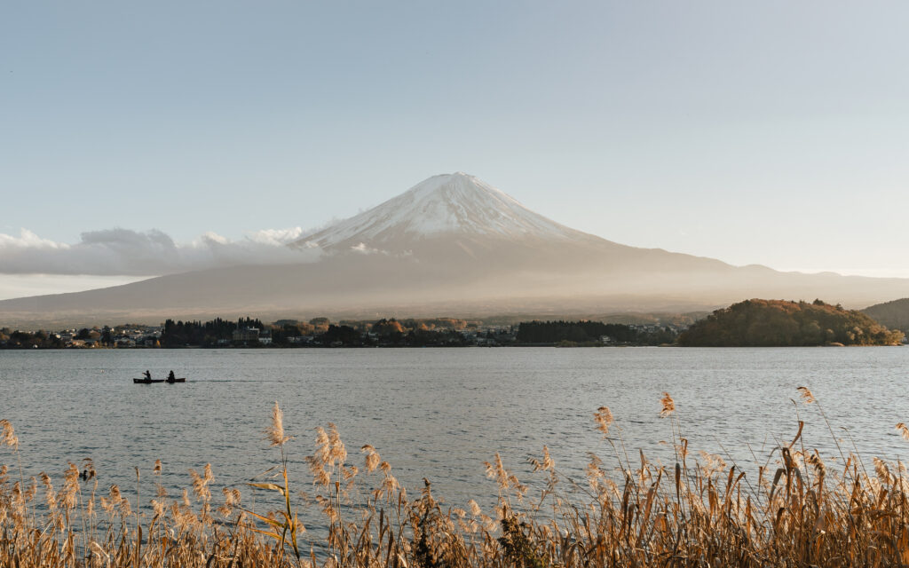 Two people in a small boat on Lake Kawaguchiko with Mount Fuji and golden reed grasses in the foreground, Japan