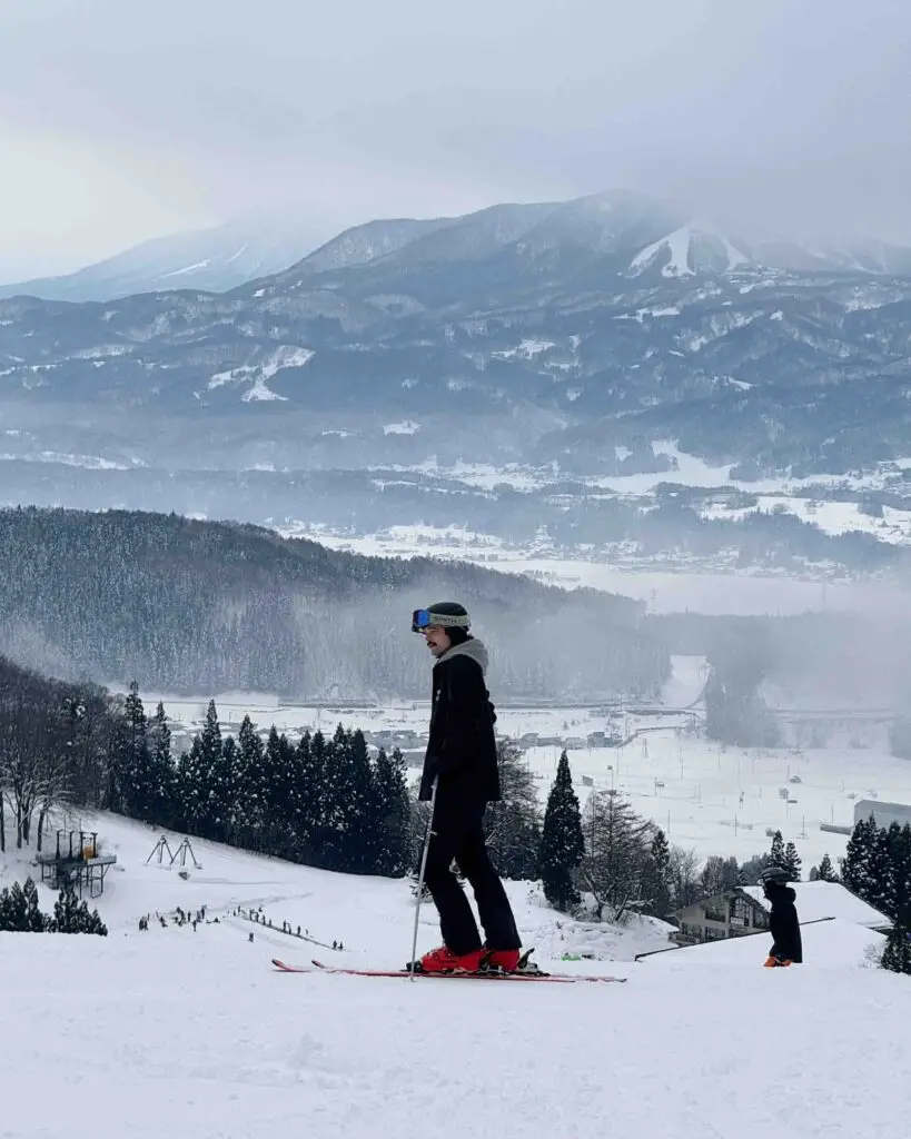 Skier pausing on the slopes at Nozawa Onsen with the snow-covered village and misty mountains visible below, Japan