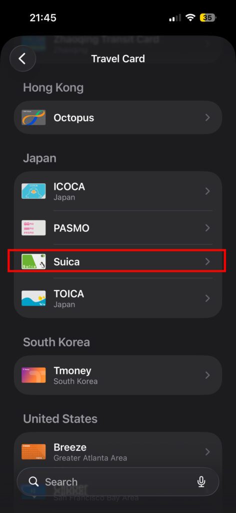 Apple Wallet Travel Card screen showing Suica card selected under the Japan section