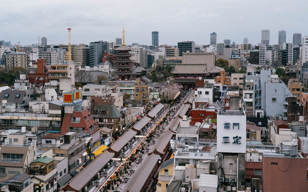 Elevated view over Nakamise-dori and Senso-ji's pagoda from the Asakusa Culture Tourist Information Centre