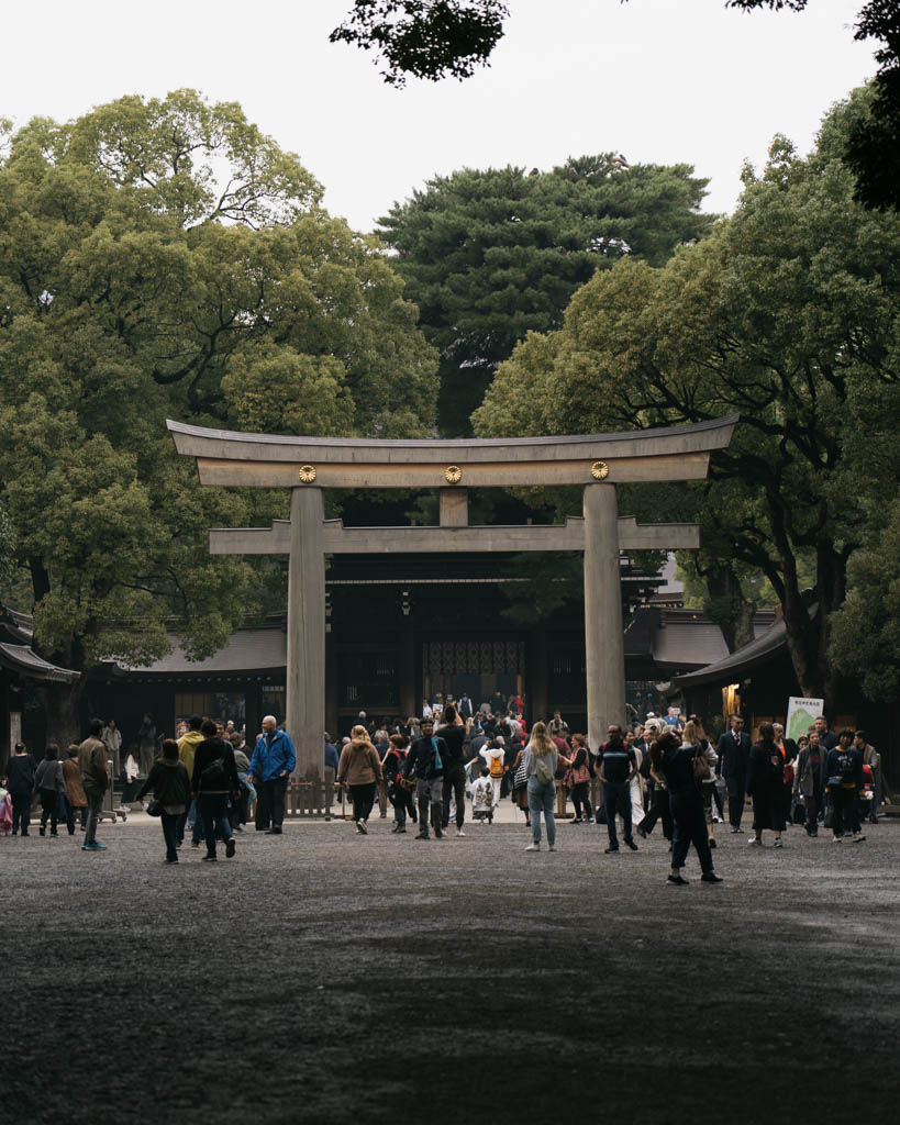Visitors walking beneath the main torii gate at the entrance to Meiji Jingu on our 1-day Tokyo itinerary.