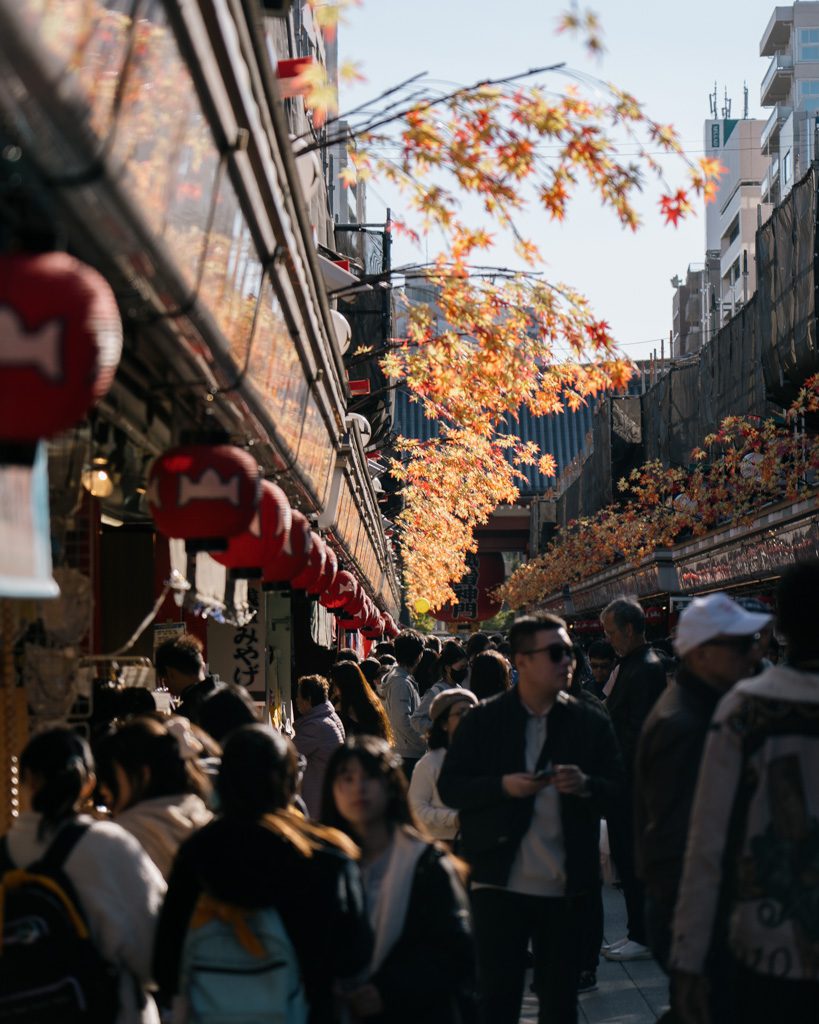 Crowds walking past red lanterns and autumn maple leaves on Nakamise-dori in Asakusa