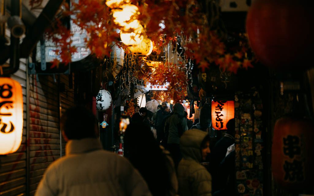 Lantern-lit alleyway of yakitori stalls in Omoide Yokocho, Shinjuku at night