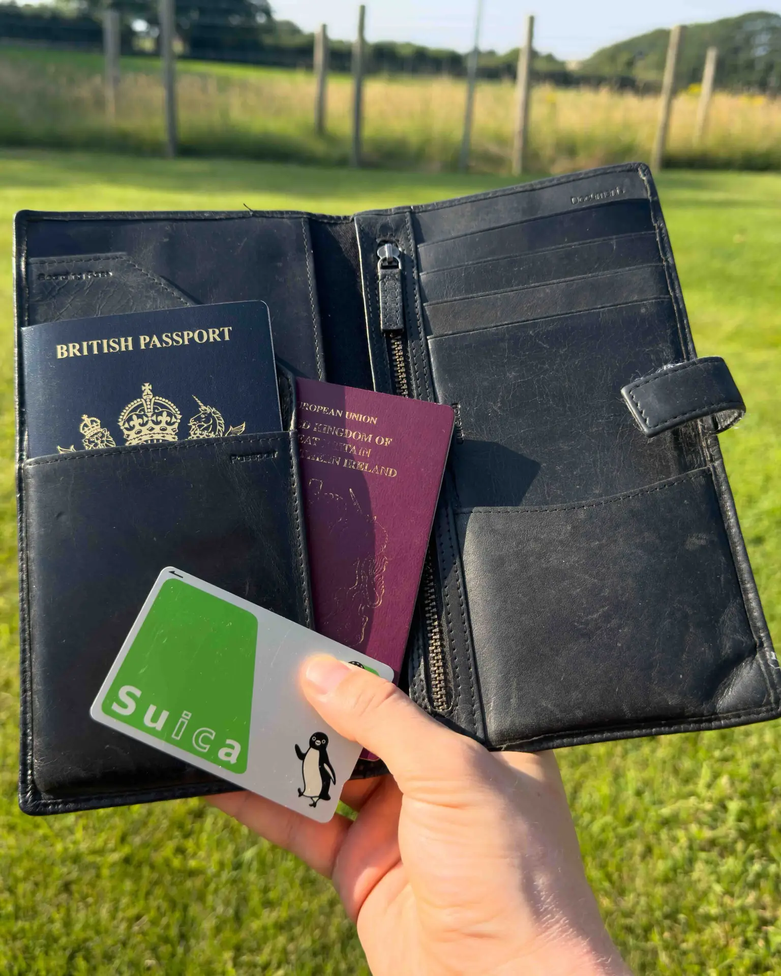 Hand holding a Suica card in front of an open travel wallet containing a British passport, outdoors in natural light