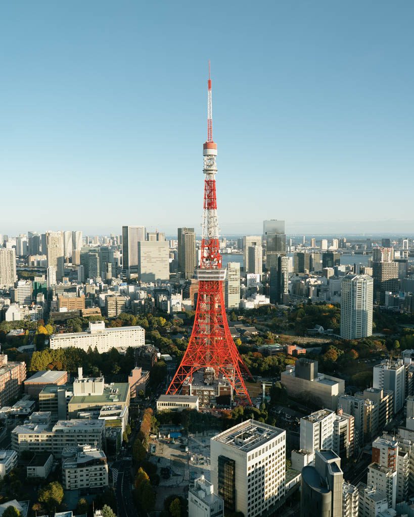 Aerial view of Tokyo Tower rising above the city skyline, the starting point for this 5 day Tokyo itinerary