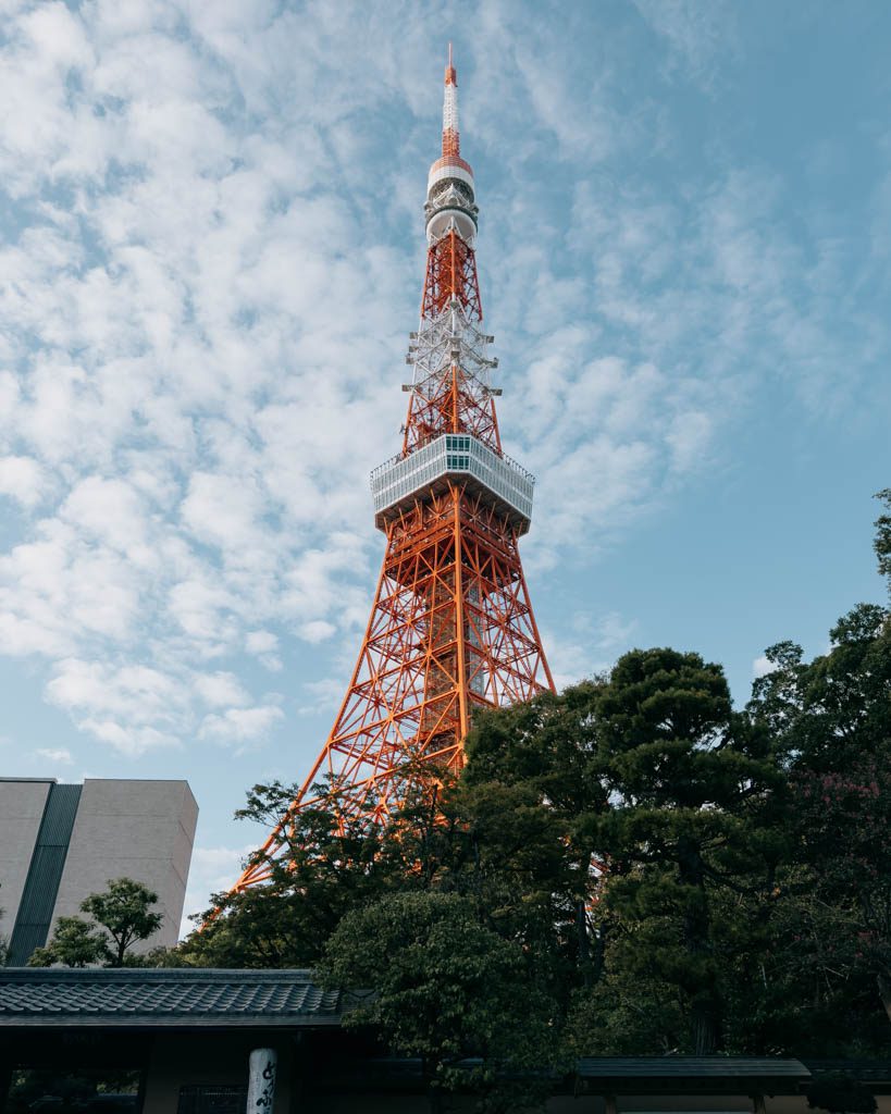 Tokyo Tower rising above trees and a traditional temple rooftop near Zojo-ji
