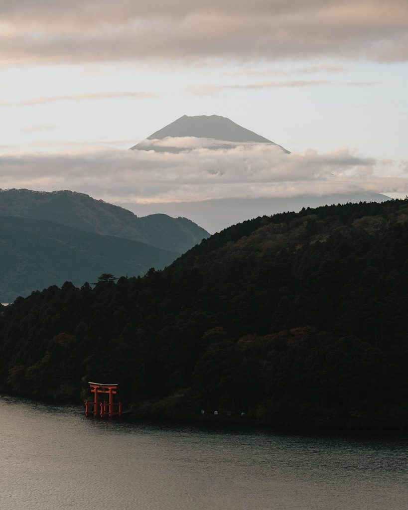 Hakone Shrine's torii gate in Lake Ashi with Mount Fuji visible in the distance