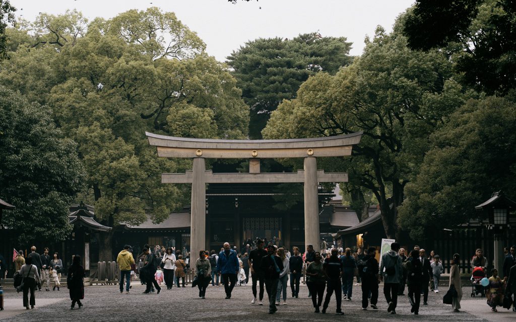 Wooden torii gate at the entrance to Meiji Jingu shrine surrounded by forest