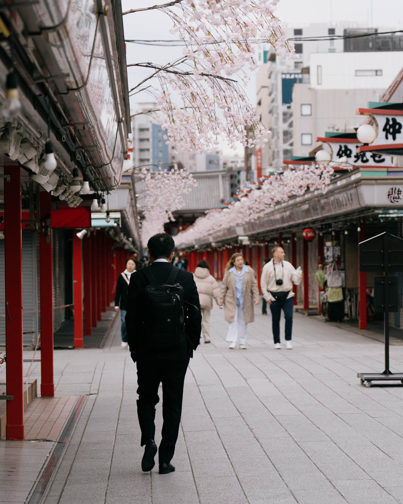 Quiet Nakamise-dori shopping street in Asakusa with cherry blossoms and shuttered stalls