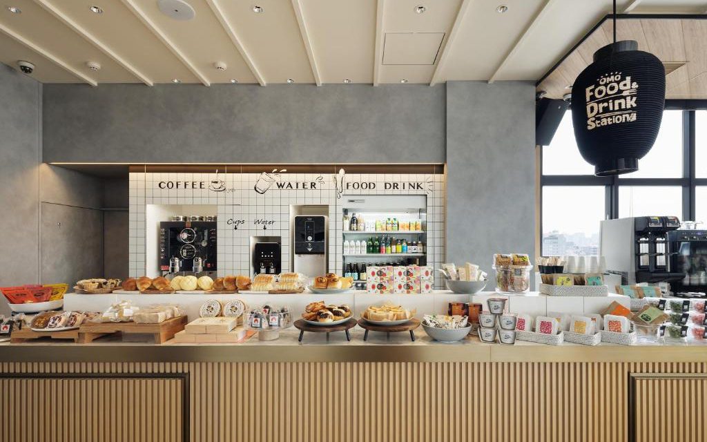 OMO Food and Drink Station at OMO3 Asakusa with coffee, snacks, and drinks on display
