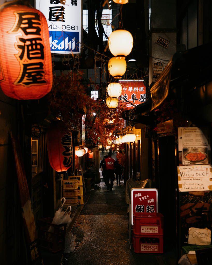 Narrow lantern-lit alley in Omoide Yokocho lined with izakaya bars