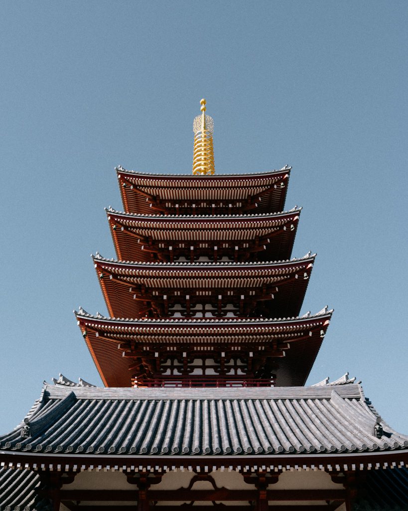 The five-storied pagoda at Senso-ji Temple in Asakusa against a clear blue sky