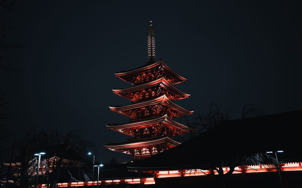 Illuminated five-story pagoda at Sensō-ji Temple in Asakusa at night