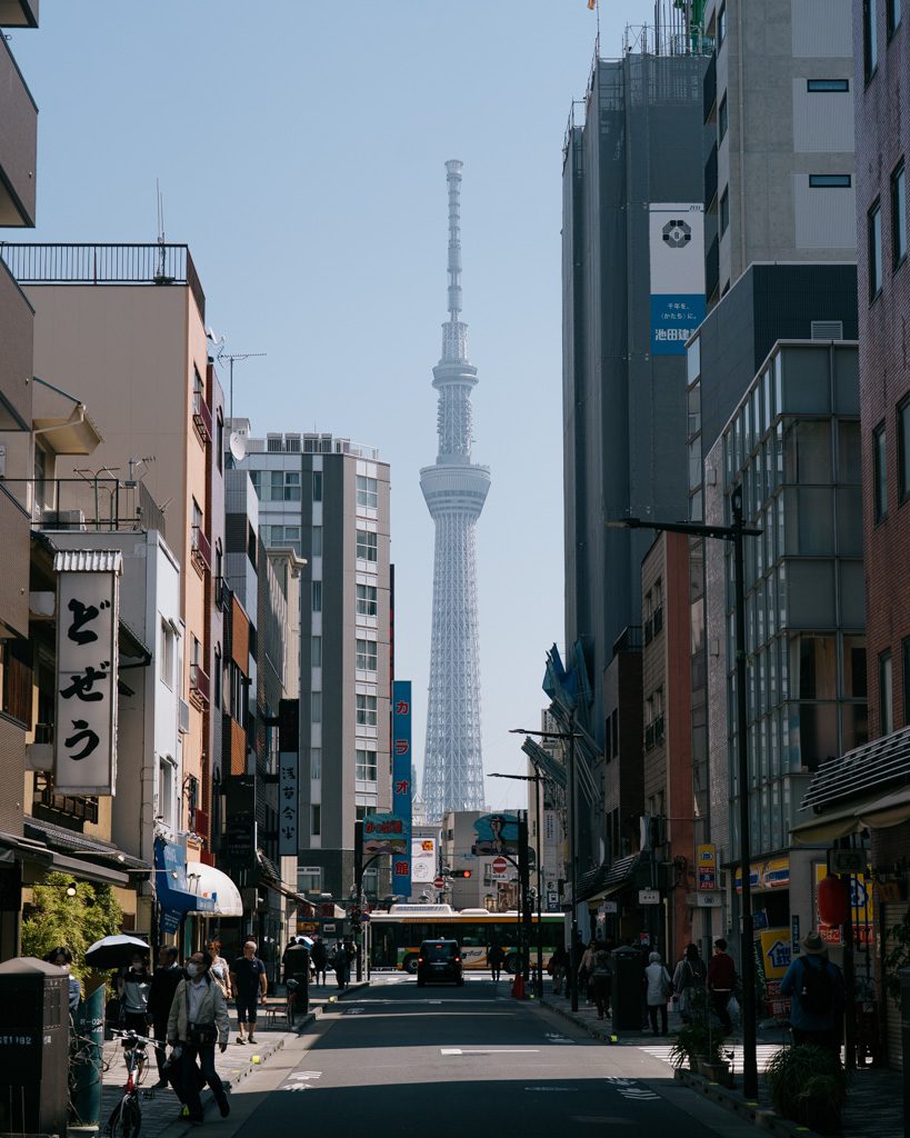 Tokyo Skytree viewed from a street in Asakusa, on the walk from Senso-ji toward Sumida River