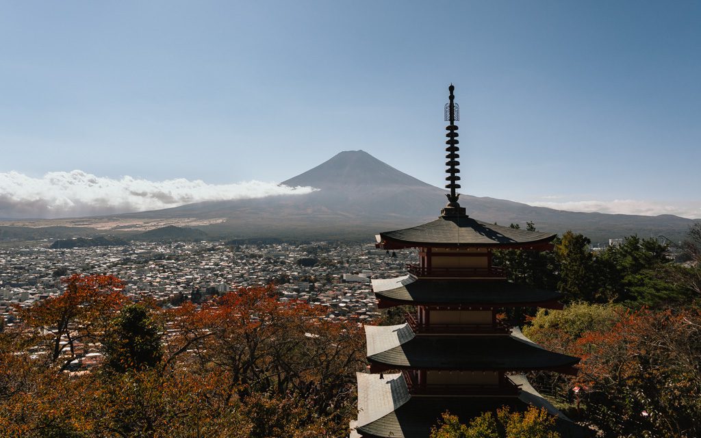 Chureito Pagoda with Mt Fuji and Fujiyoshida town in the background