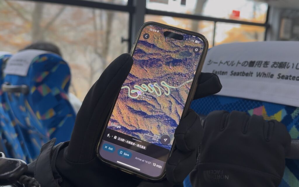 Google Maps screenshot showing the winding Irohazaka bus route through the mountains near Nikko