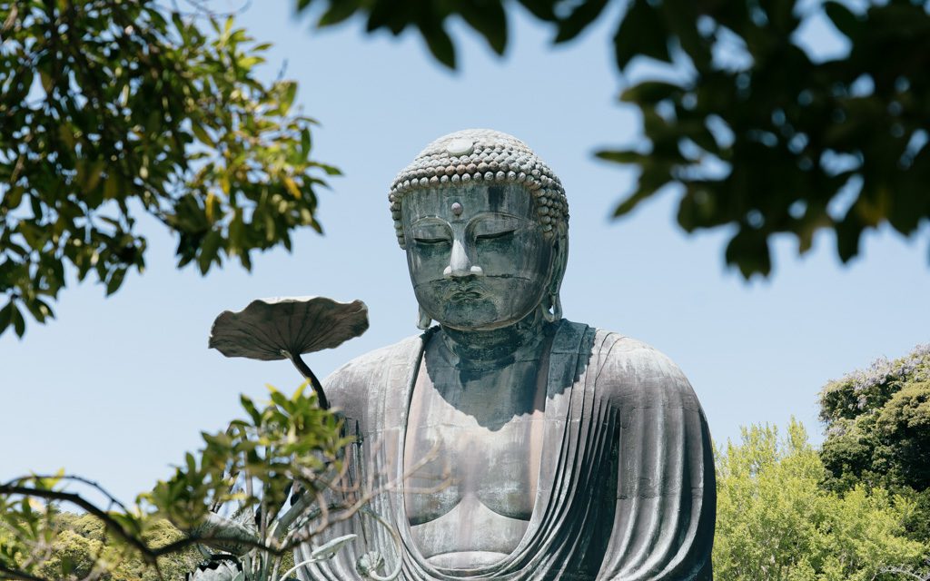 The bronze Great Buddha of Kamakura, framed by tree branches against a clear blue sky.
