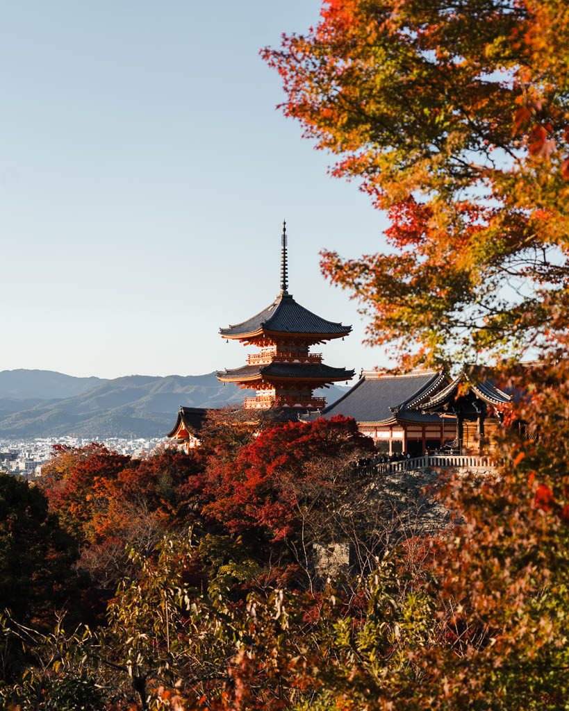 Kiyomizu-dera's pagoda glowing in golden hour light, surrounded by autumn leaves