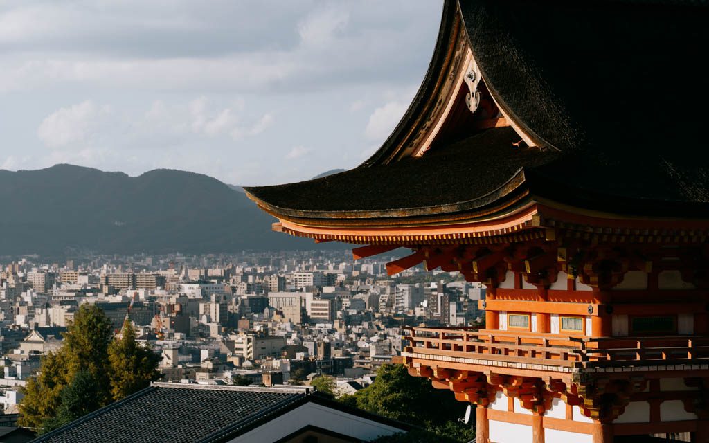 Kiyomizu-dera's temple roof overlooking the Kyoto skyline
