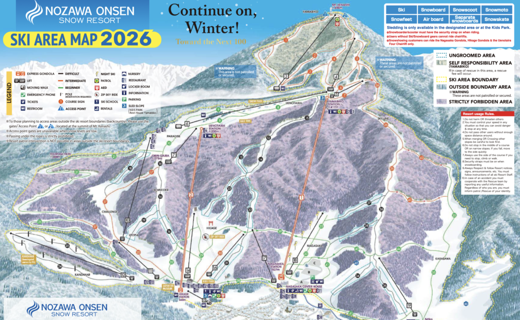 Nozawa Onsen ski resort trail map for 2026 showing lifts, gondolas, and course difficulty ratings across Mount Kenashi