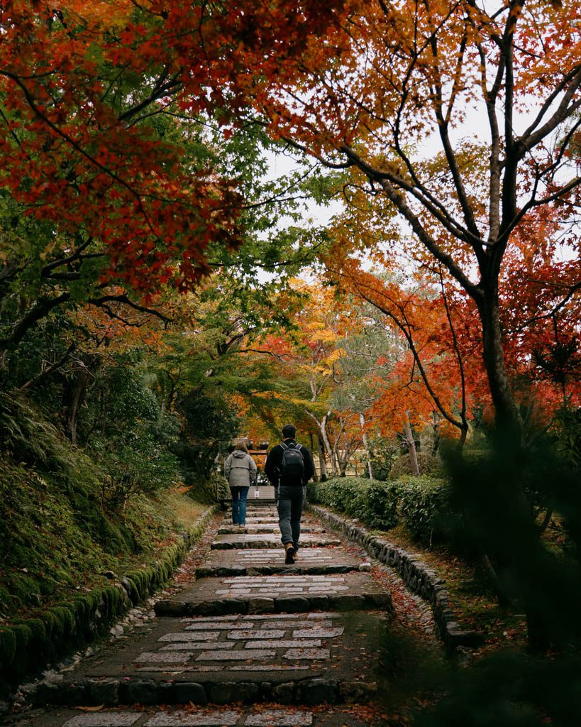 Two people walking up a mossy stone staircase lined with red and orange maple trees at Adashino Nenbutsu-ji in Arashiyama
