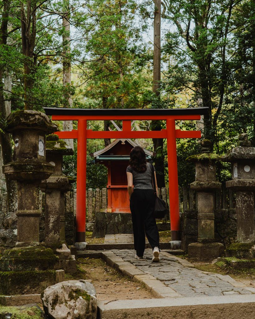 Woman walking towards a small red torii gate and shrine between moss-covered stone lanterns in Nara Park