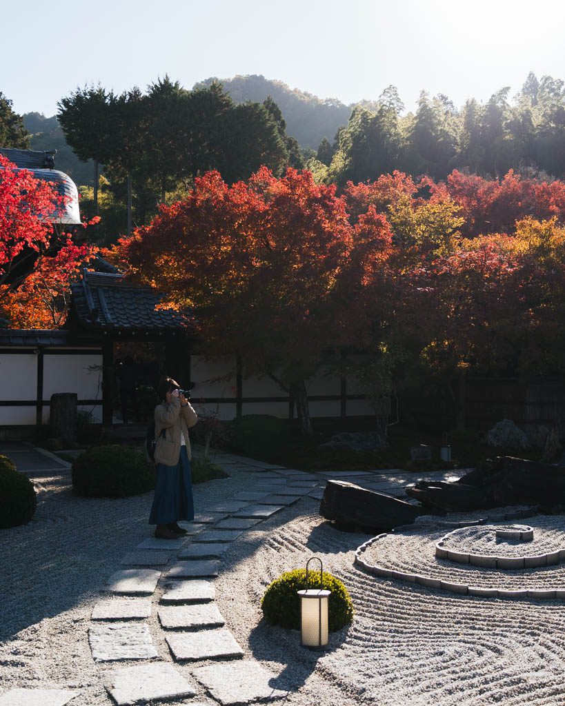 A woman taking a photo in the raked gravel garden at Enko-ji, with bright red and orange maple trees behind and a stone lantern in the foreground